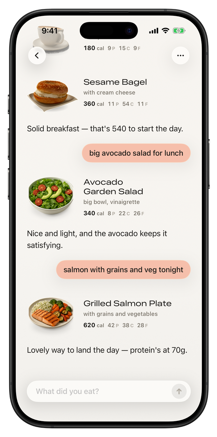 A day's journal: avocado salad and grilled salmon with calories and macros