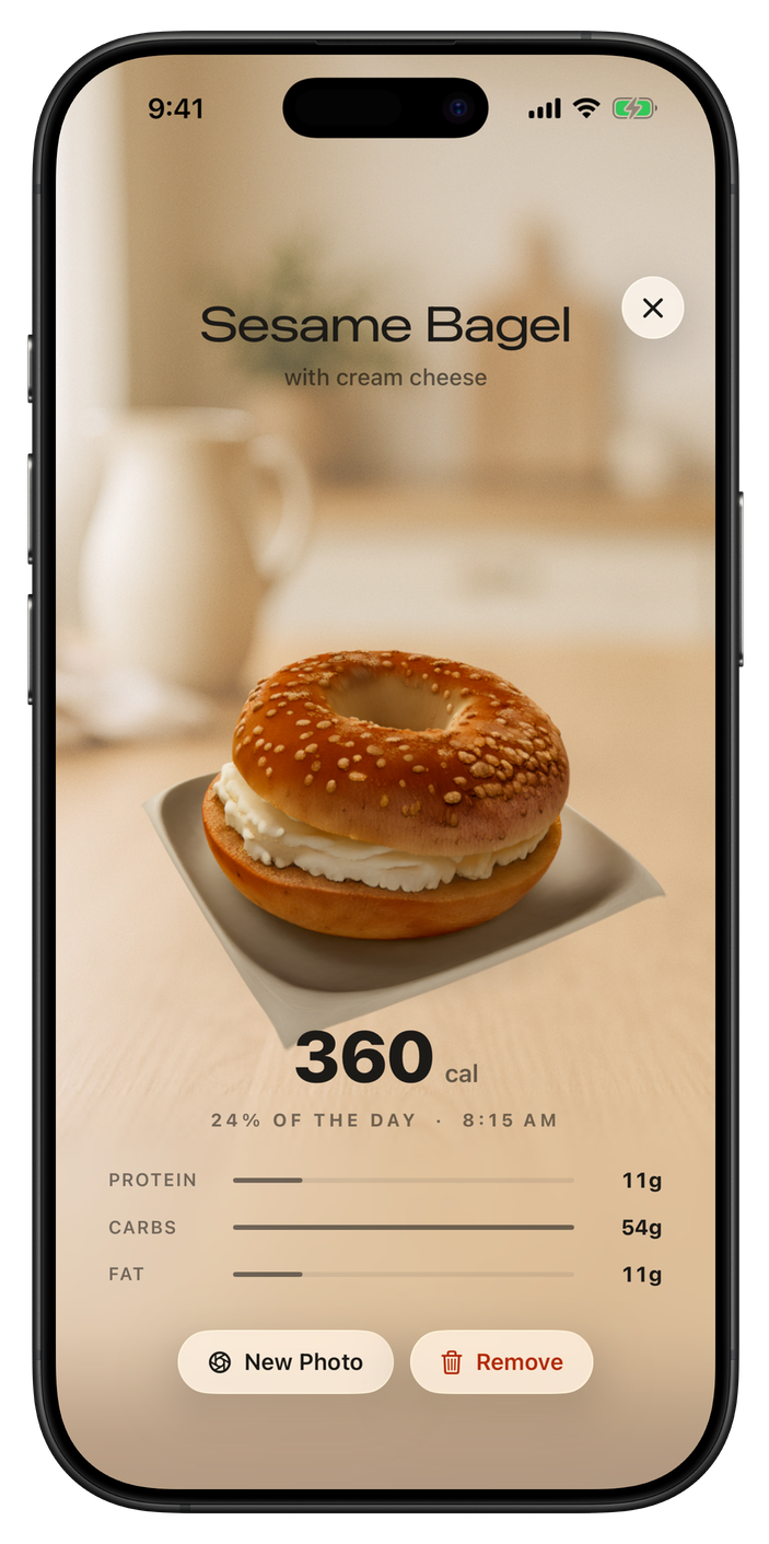 A 3D sesame bagel you can rotate, with its calories and macros