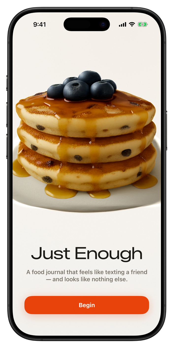Just Enough welcome screen with a stack of blueberry pancakes